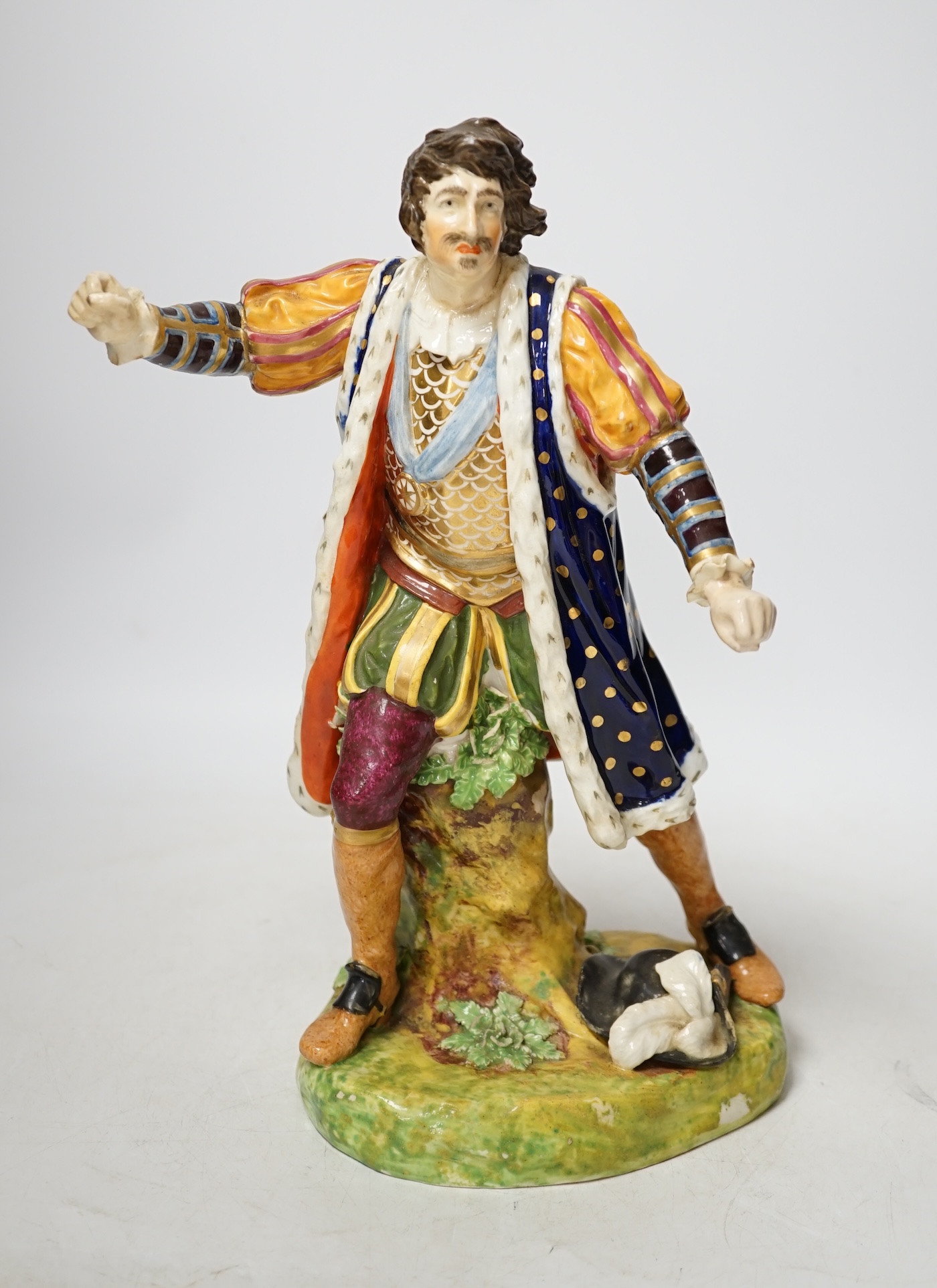 A Derby figure of James Quinn as Falstaff, c.1780, 28cm high. Condition - some flaking to enamels on base, restoration to left hand